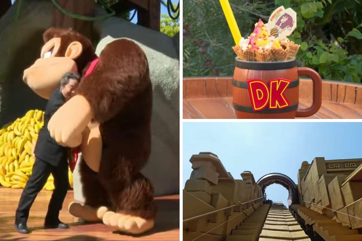 A person hugs a Donkey Kong character, a DK-themed dessert in a cup, and a view of a stone staircase with a large banana decoration above it.