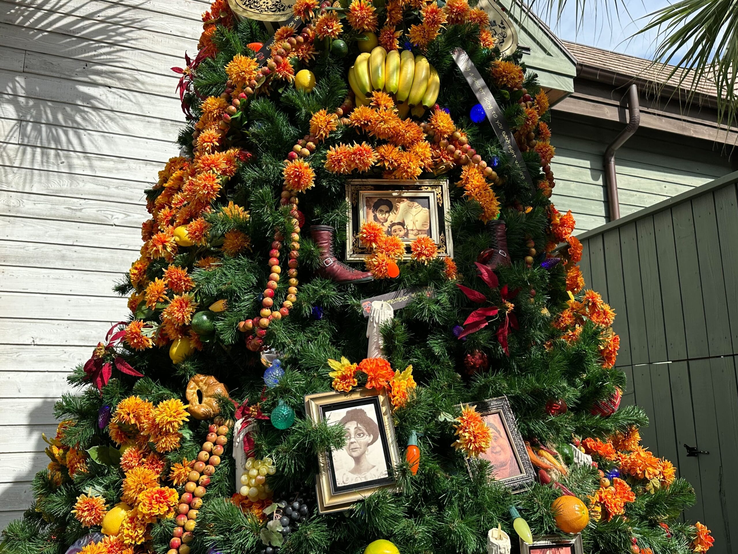 Colorful tree decorated with orange flowers, fruits, and framed photos against a green fence and light building.