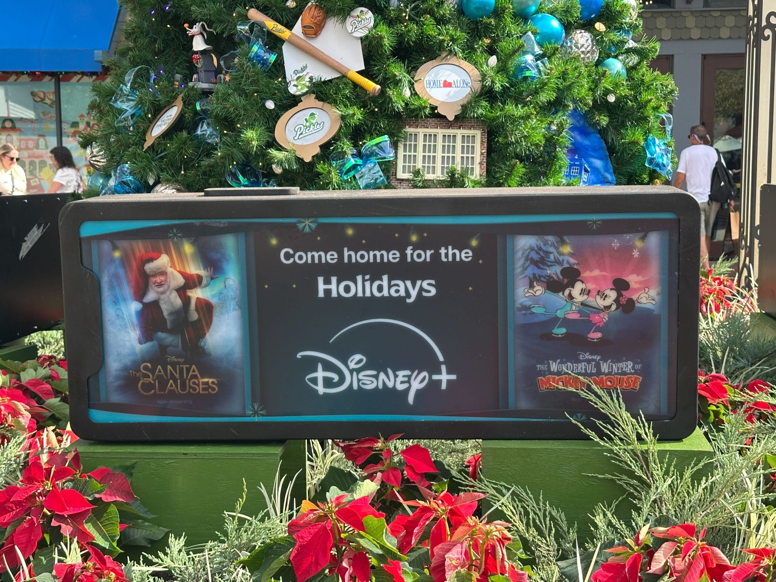 Sign advertising Disney+ holiday shows in front of a decorated Christmas tree with red poinsettias at the base.