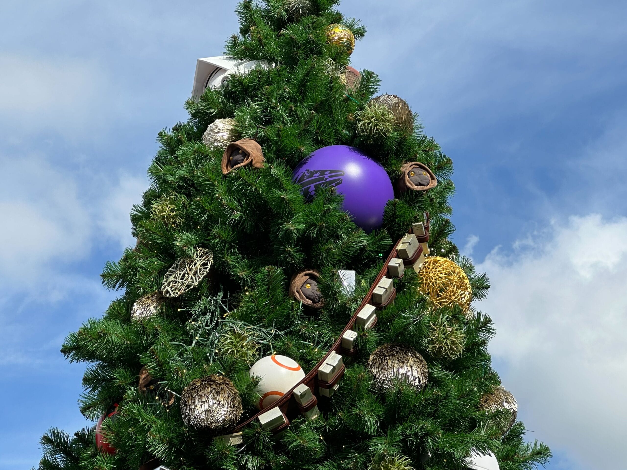 Close-up of a decorated Christmas tree with green branches, purple and gold ornaments, and a brown and white garland, set against a blue sky with wispy clouds.
