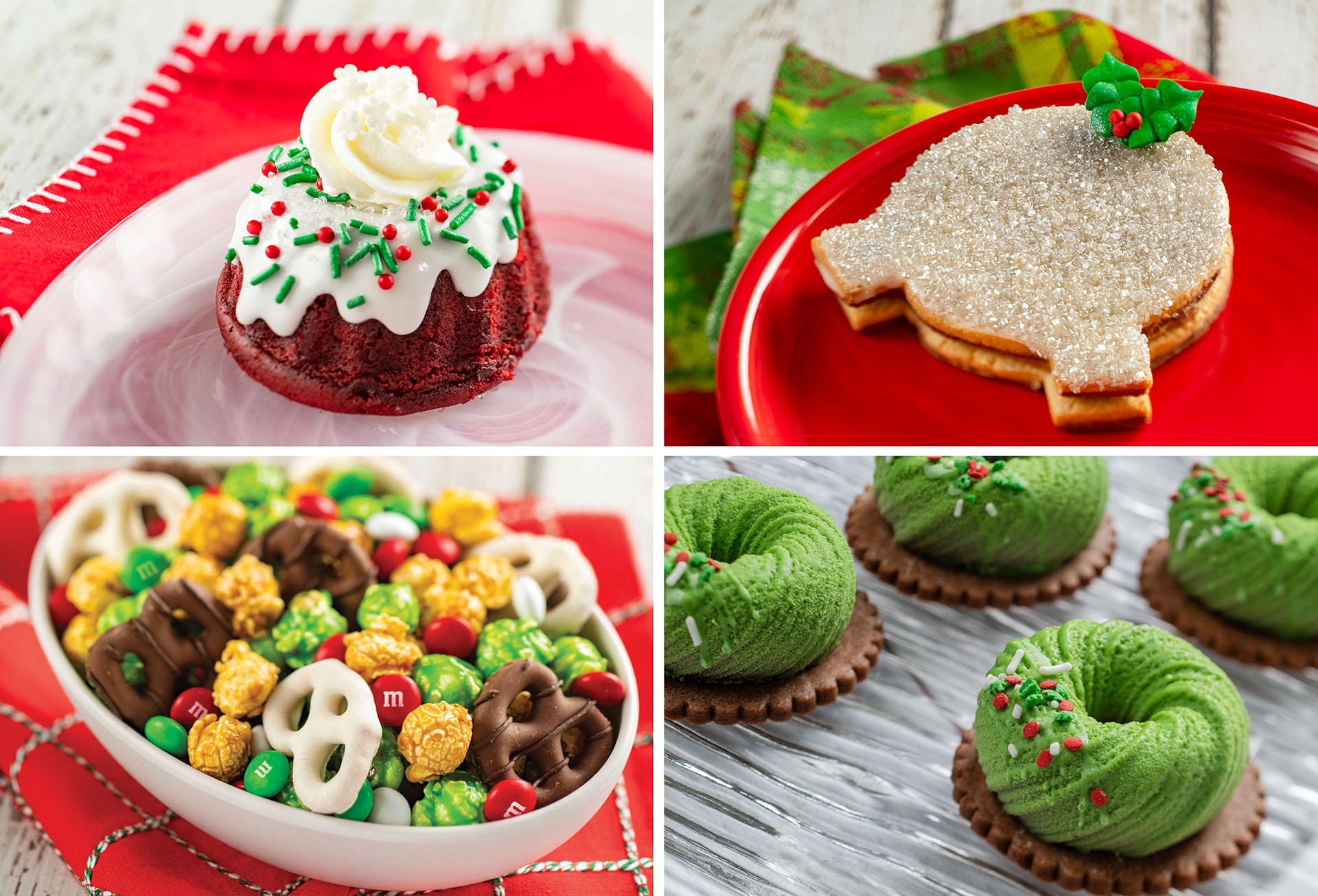 A festive collage of holiday treats showcases a red cake, a tree-shaped cookie, a bowl of snacks with pretzels and candies, and green frosted cupcakes, celebrating the festival of the holidays in delicious style.
