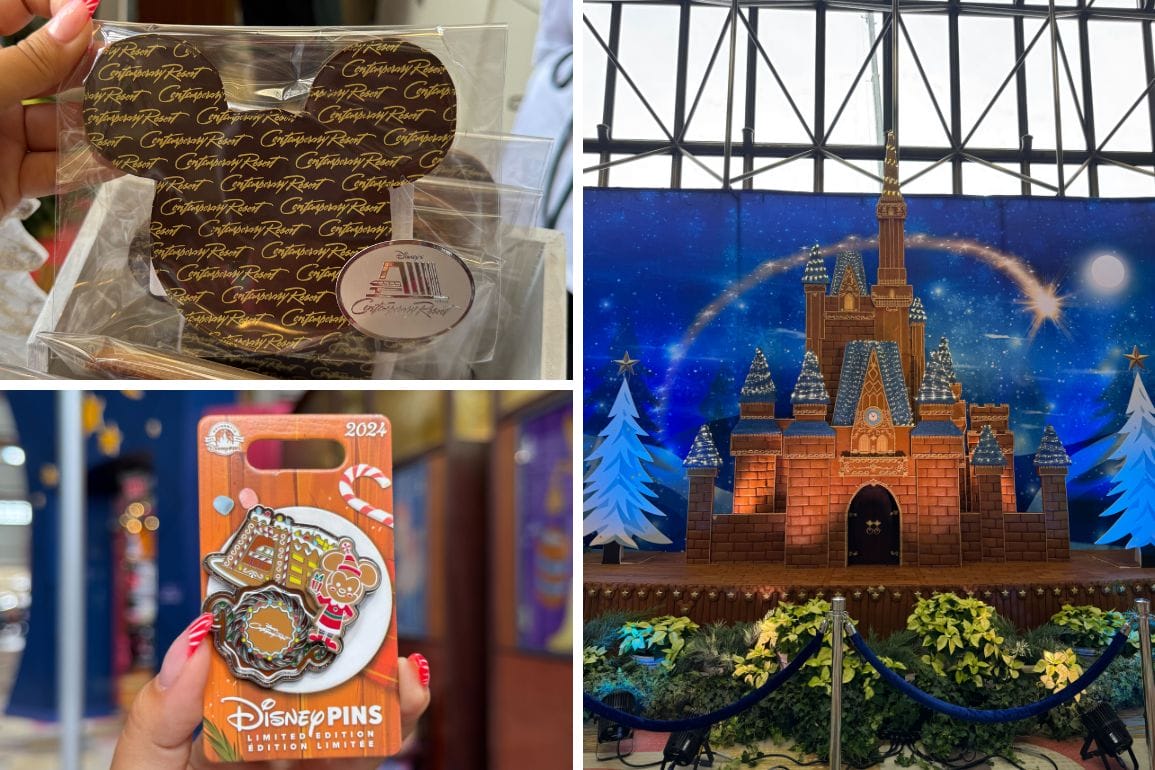Collage of souvenirs from a theme park, featuring a Mickey-shaped gift box, collectible Disney pins, and a decorative display of a gingerbread castle adorned with dream lights against a starry backdrop.