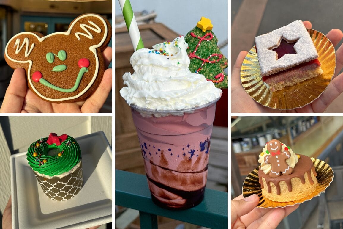 A collage of festive Christmas food delights, including a Mickey-shaped cookie, a Christmas tree cupcake, a whipped cream drink, a star-topped tart, and a gingerbread-topped pastry—all capturing the magic of Hollywood Studios.