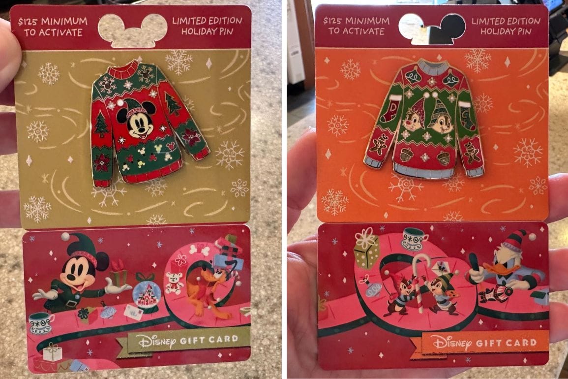 Two limited edition holiday-themed Disney gift cards come with matching sweater pins, featuring Mickey Mouse and Chip and Dale. Each is encased in festive packaging with a minimum $25 activation required.