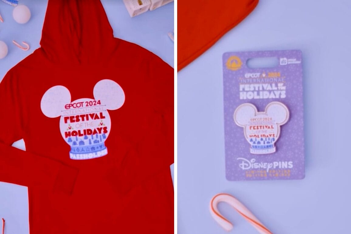 Exclusive red hoodie with the Epcot 2024 Festival of the Holidays design, perfect for Annual Passholders, alongside a Disney pin featuring the same festive artwork.