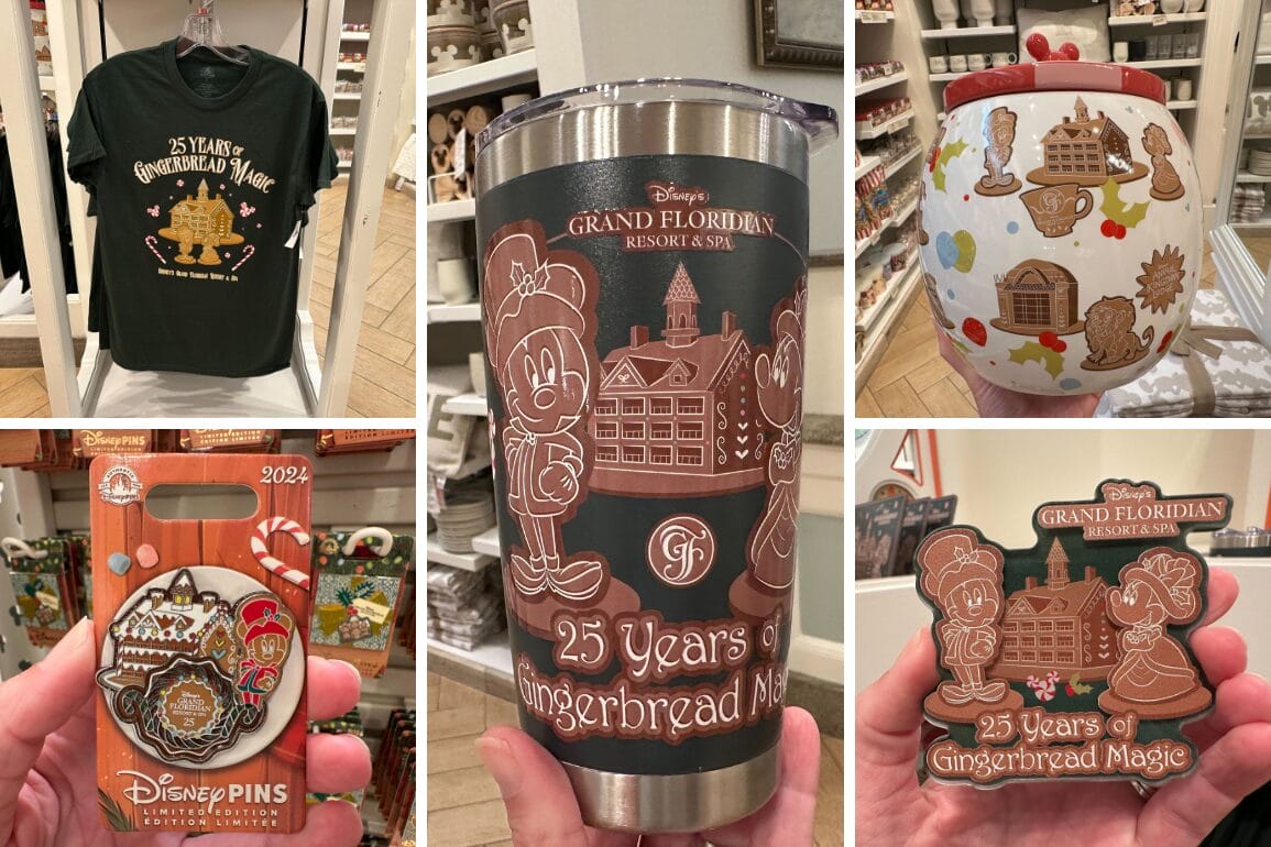 Collection of Disney's Grand Floridian Resort & Spa merchandise celebrating 25 years of gingerbread magic, including a t-shirt, mugs, and pins, all featuring festive gingerbread designs.