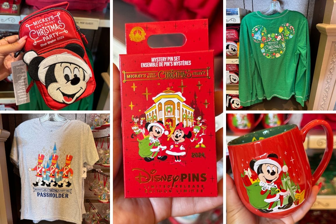 Explore the Very Merry Christmas Party merch collection, featuring Disney holiday items like socks, T-shirts, a mystery pin set, and a festive mug adorned with Mickey Mouse and cheerful seasonal designs.