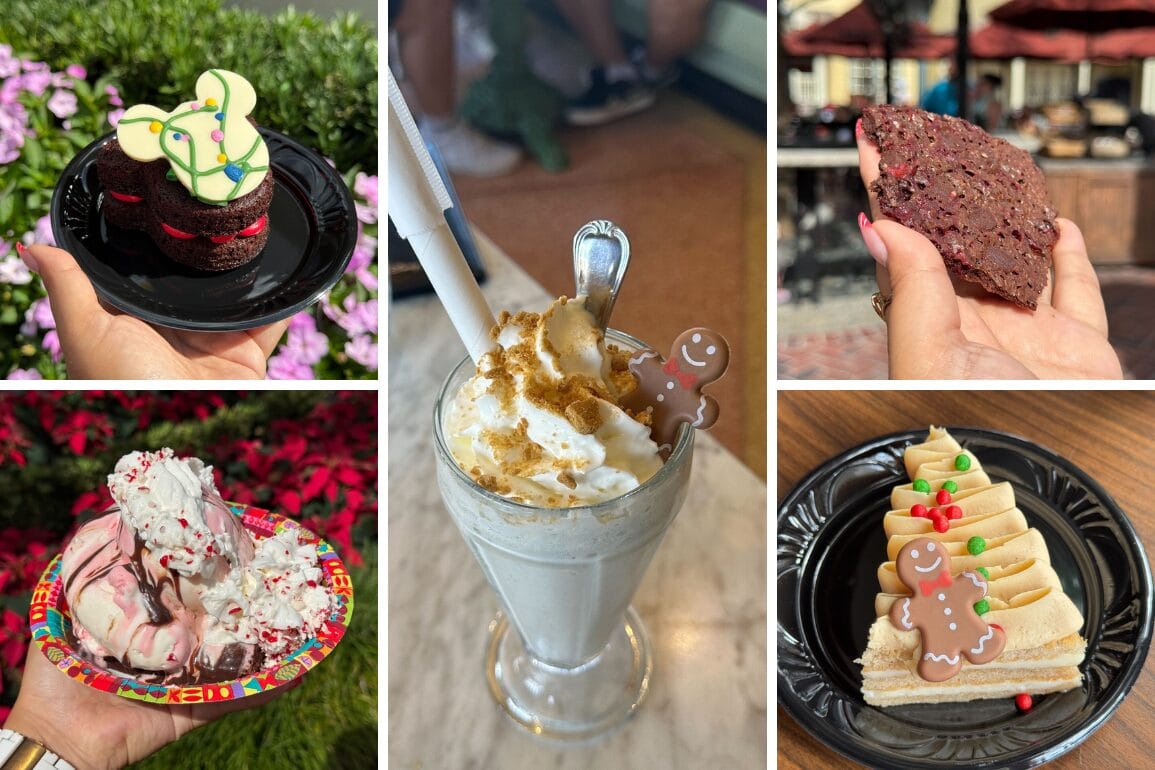 A collage of five delectable Christmas treats at Magic Kingdom: Mickey-shaped delight, large cookie, ice cream topped with a gingerbread man, a festive milkshake crowned with cream and gingerbread man, and a triangular cake adorned with holiday decorations.