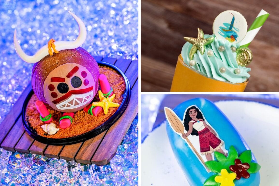 Three desserts themed with tropical and ocean elements: a bull-shaped coconut, a sea-themed cupcake, and a dessert with an image of a girl holding a paddle.