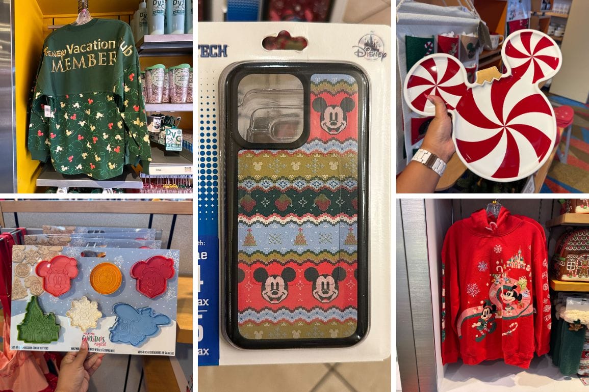 Collage of Disney-themed merchandise, perfect for Christmas, featuring clothing from Disney World, a phone case with a Mickey design, a festive Mickey peppermint tray, and whimsical baking molds.