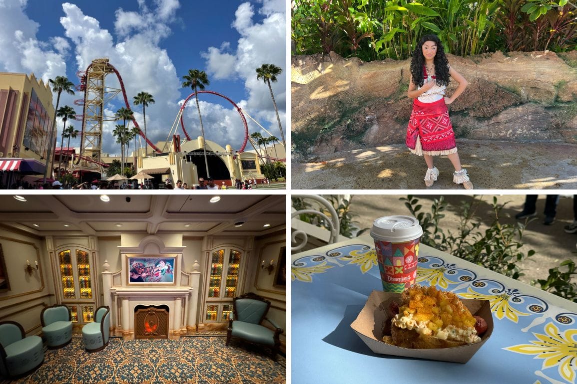Collage of an amusement park roller coaster, a person in costume posing, an elegant room with a fireplace, and a food tray with coffee and a meal on a table—all perfectly capturing the lively moments of a daily recap.