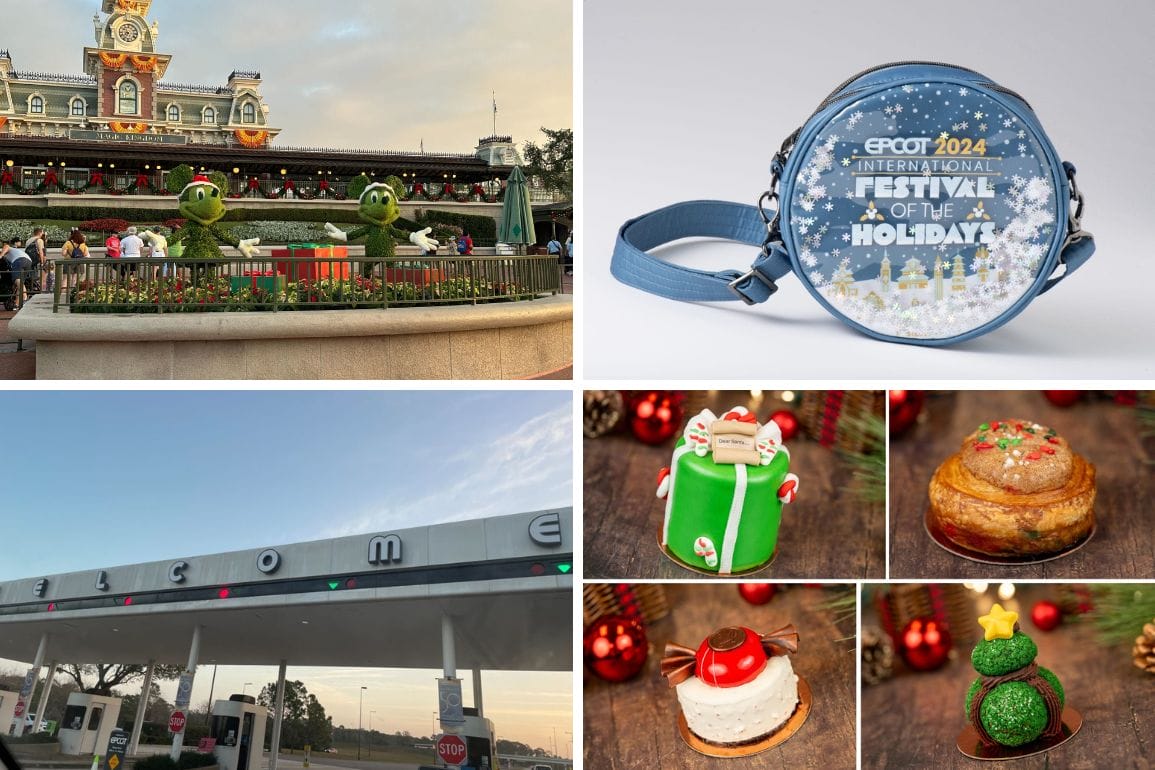 Daily recap of a holiday-themed collage: park entrance adorned with festive figures, a bag boasting "Epcot 2024 Festival of the Holidays," toll booths, and an array of decorated treats and pastries celebrate the season's spirit.