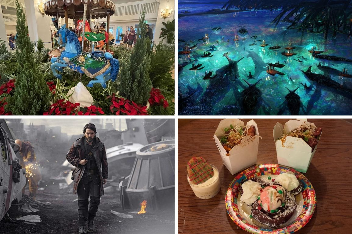Clockwise from top left: Festive carousel decoration, nighttime ocean scene with sea creatures, assorted desserts on colorful plates, and a person walking in a post-apocalyptic setting. This daily recap encapsulates vibrant tales and contrasting moods for an unforgettable storytelling experience.
