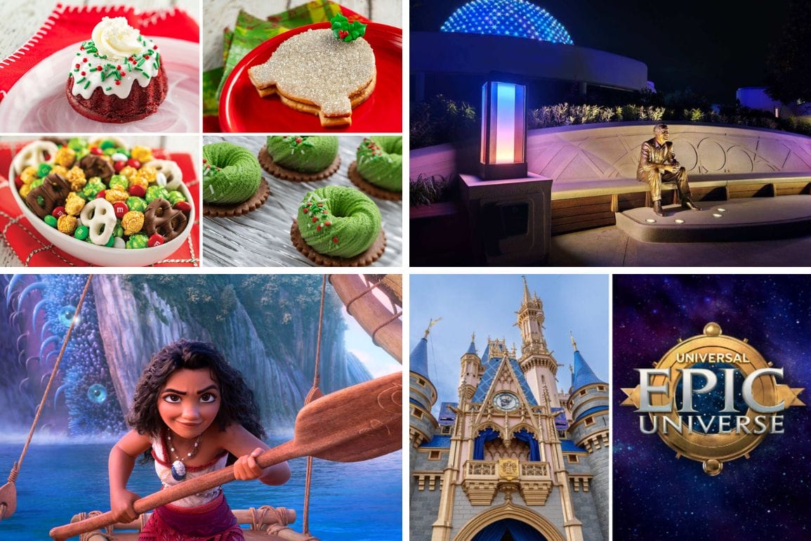 A collage captures the daily recap of holiday desserts, Moana character, a theme park castle, and the Universal Epic Universe logo glowing with a statue at night.