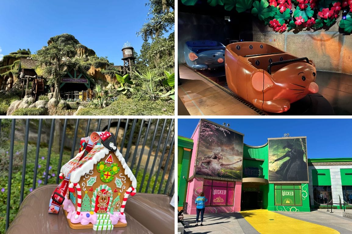 Daily recap: A collage of four images captures an outdoor theme park area, a rodent-themed amusement ride, a festively decorated gingerbread house, and a vibrant green building adorned with "Joker" decorations.