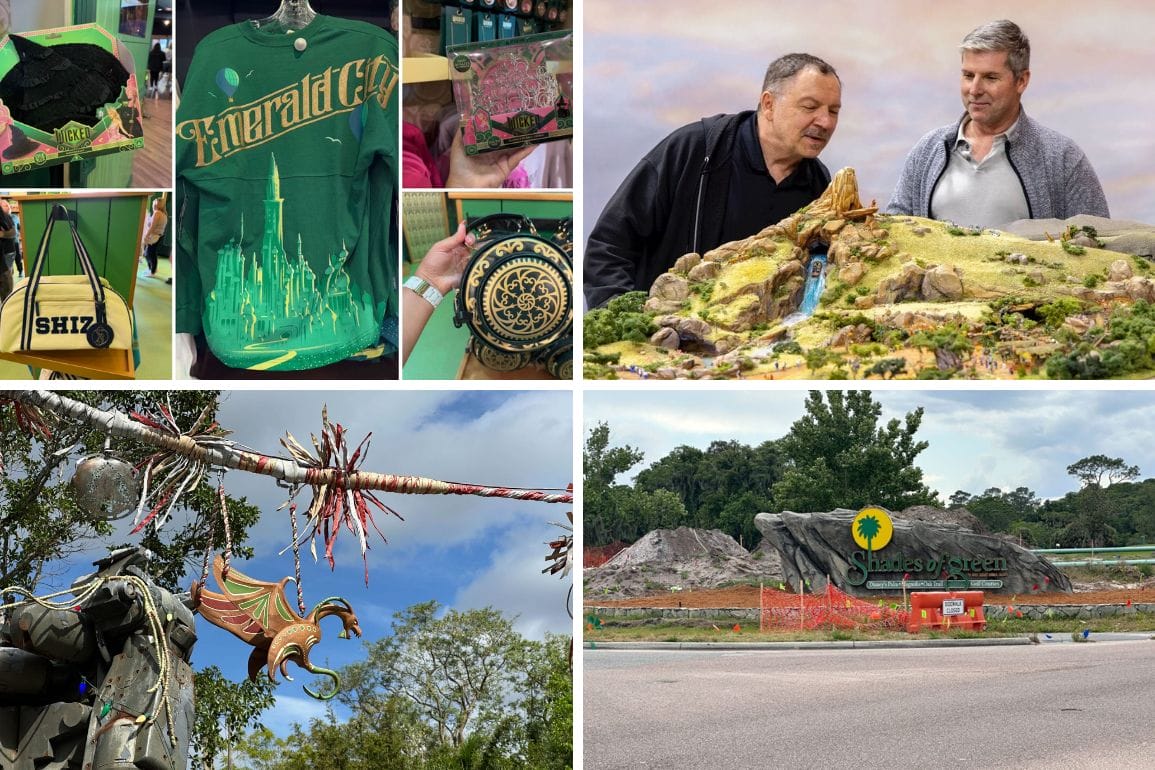 A daily recap collage features Emerald City merchandise, two men examining a detailed model landscape, a dragon sculpture, and a 'Shires of Green' sign at a construction site.
