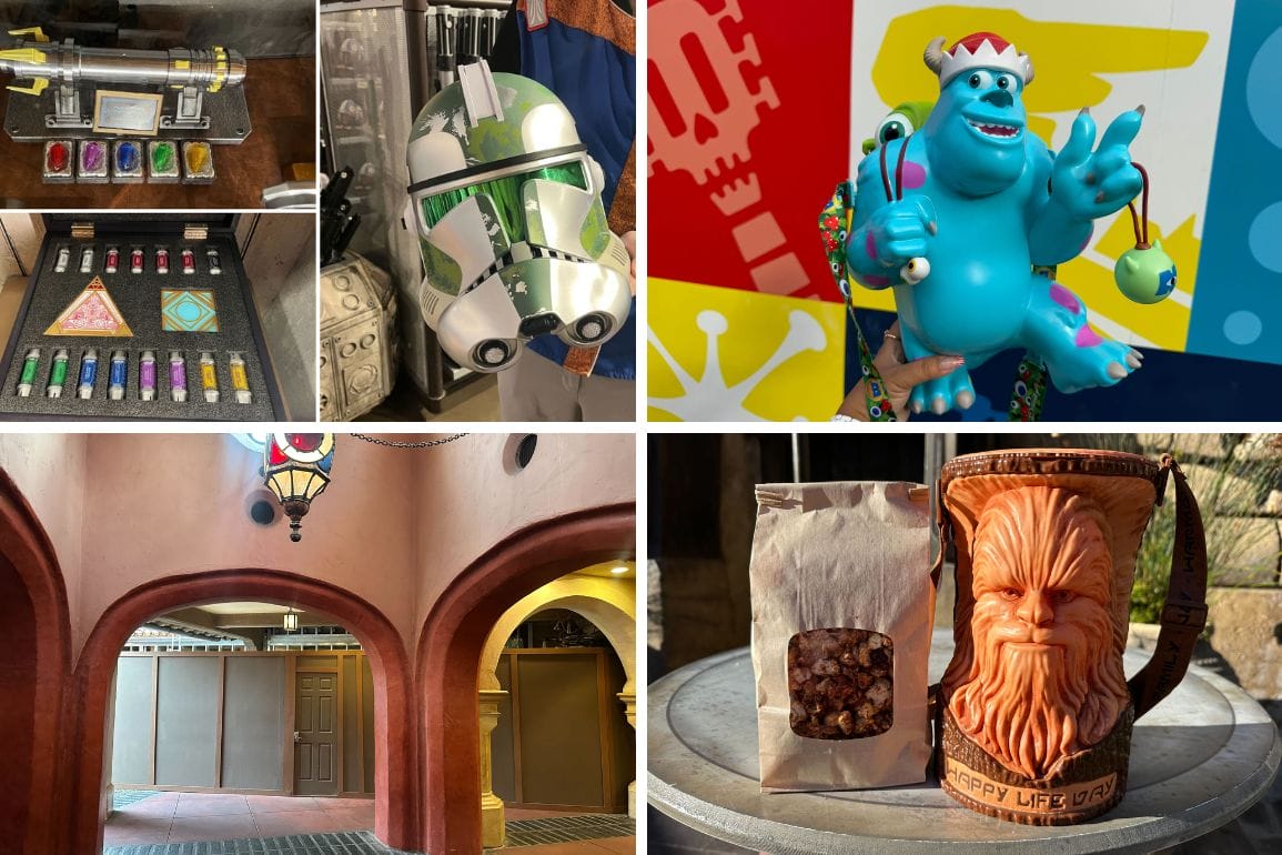 A collage showcasing a Star Wars-themed daily recap: vibrant character figures, ornate archways, and a Chewbacca mug paired with a coffee bag.