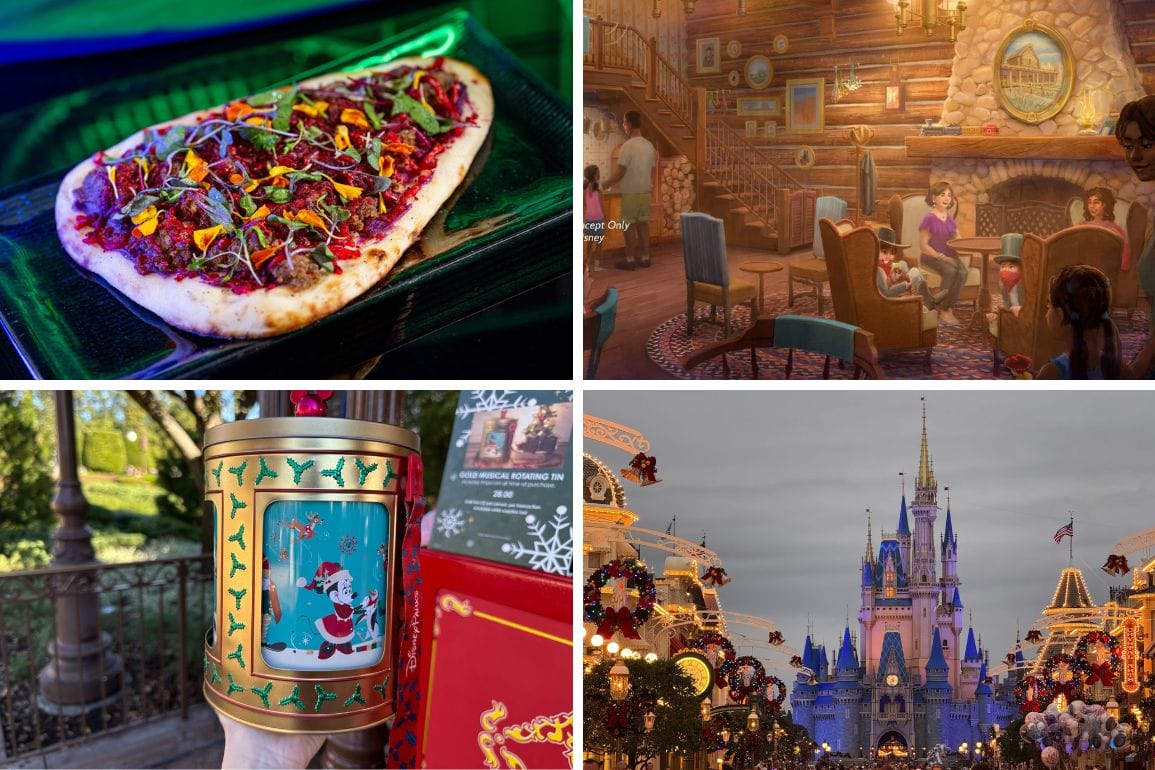 Collage of four images for a daily recap: a pizza with greens, an indoor family scene, a festive lantern featuring Santa, and a beautifully decorated castle at dusk.