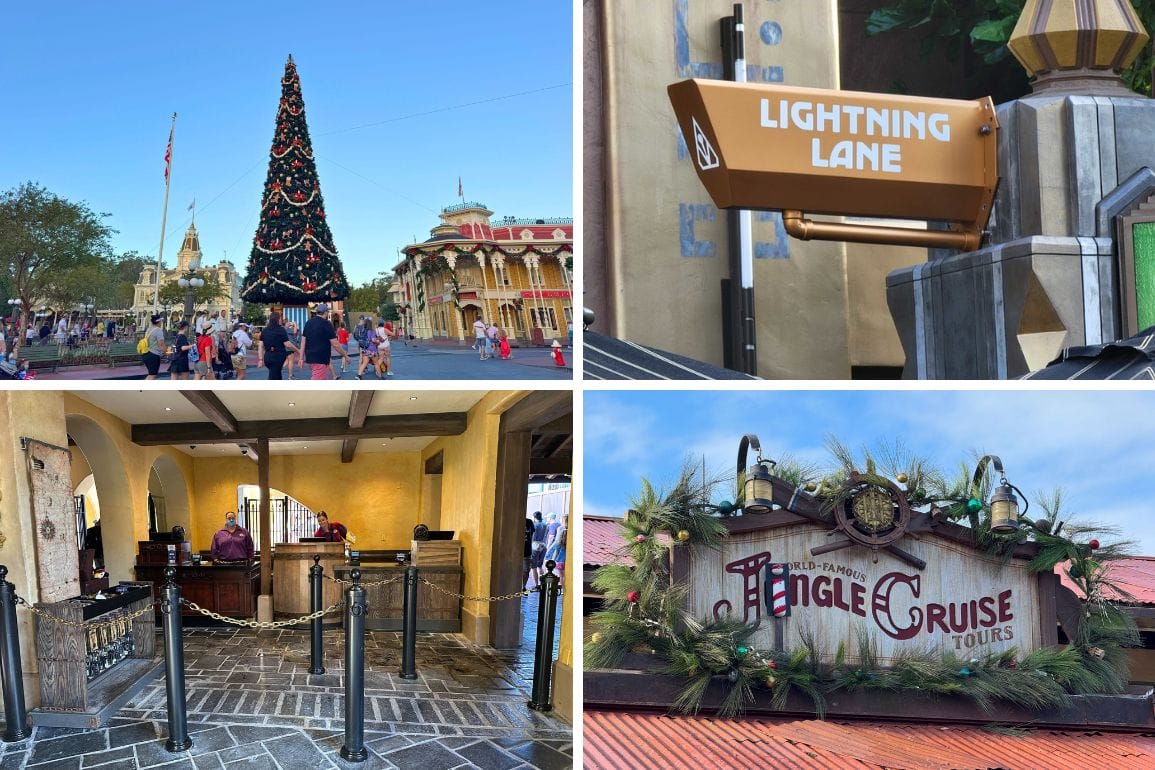 Collage of a theme park plaza with a Christmas tree, a Lightning Lane sign, and the Jungle Cruise Tours entrance, all woven together like a vivid daily recap. The bustling hotel lobby with its attentive receptionist completes this snapshot of adventure and holiday cheer.