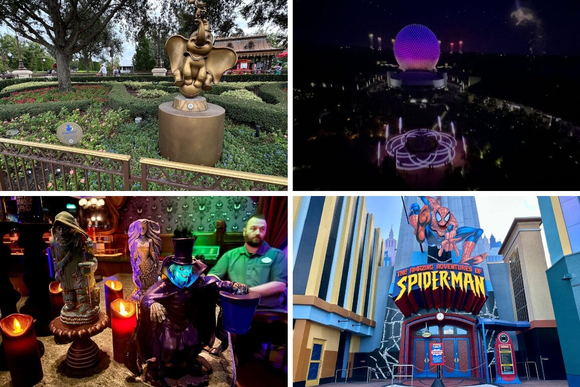 Daily recap: A collage of theme park attractions captures the magic—Dumbo statue, an illuminated geodesic dome at night, vibrant interior with twinkling lights and characters, and the thrilling Spider-Man ride entrance facade.