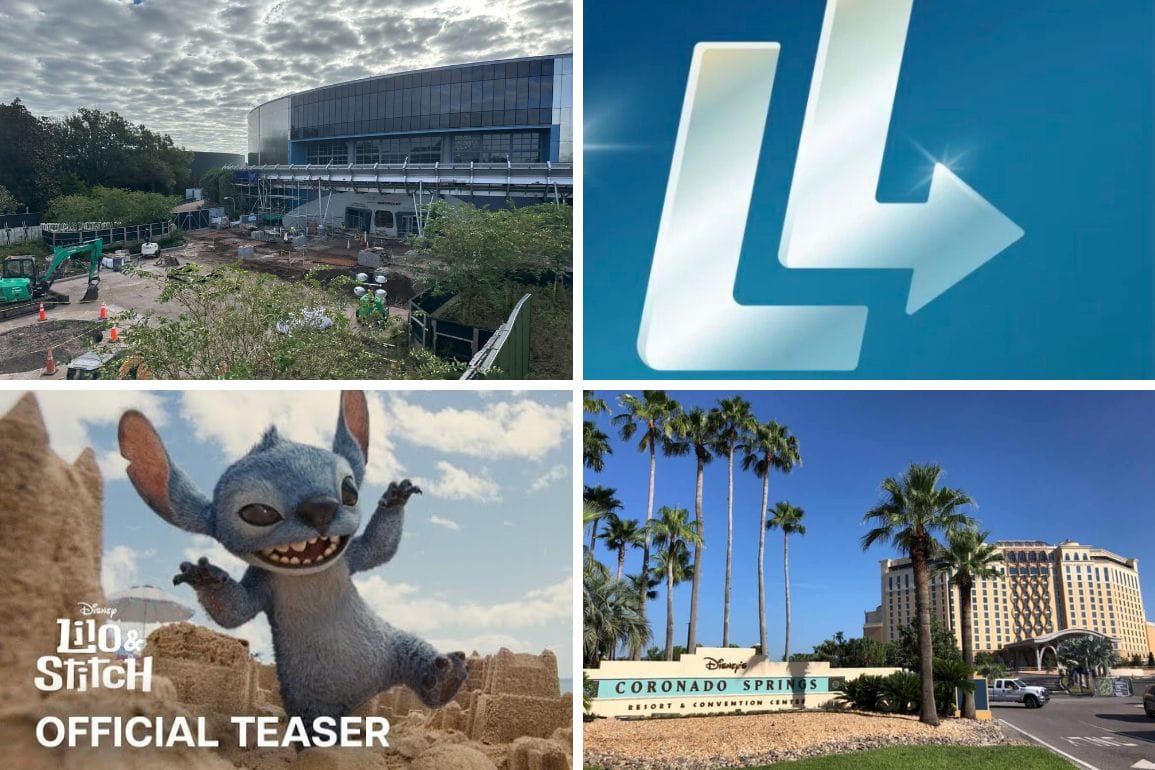 Collage of four images: a construction site, "LL" logo, an animated blue creature, and the Disney Coronado Springs Resort entrance with palm trees. Perfect for a daily recap capturing the essence of progress and whimsy under the Florida sun.