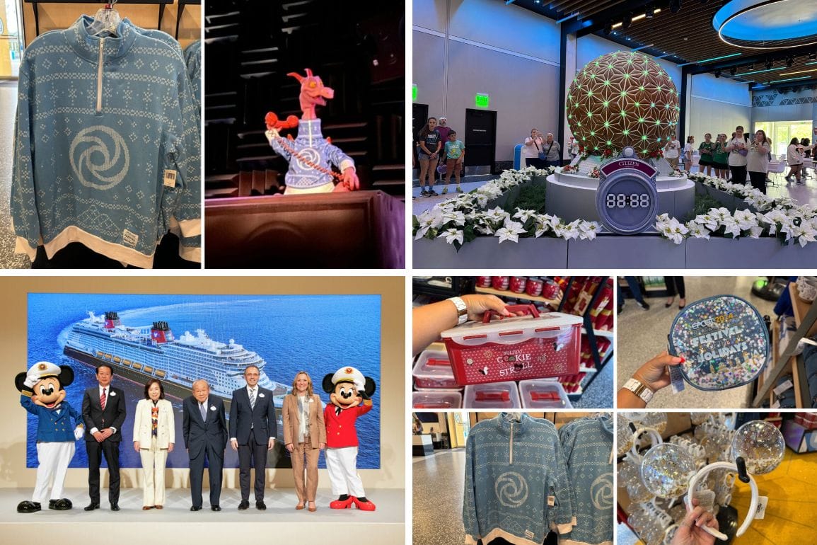 Collage of a blue sweater, figurine, people at an event, cruise ship with characters, bin with items, and a circular decorative object captures the day's highlights in a vibrant daily recap.