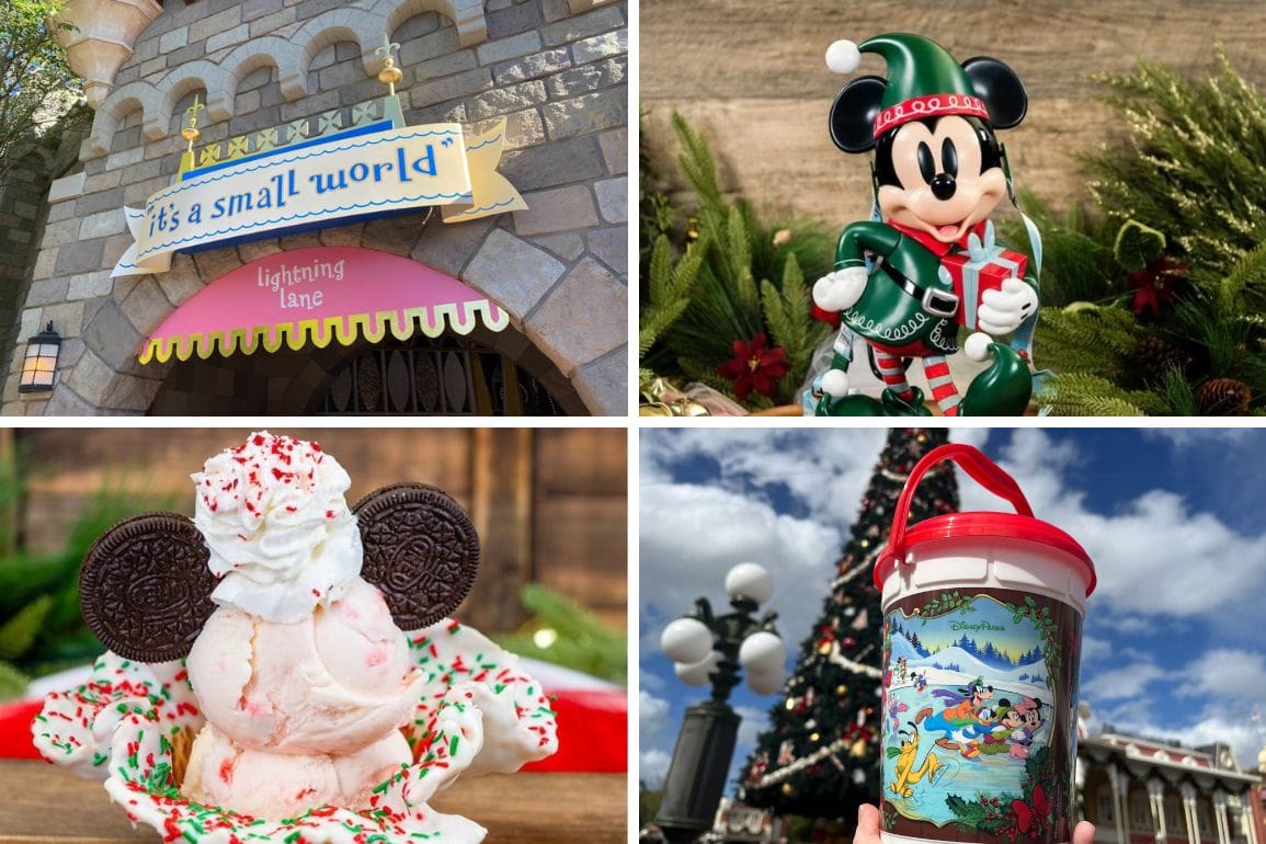 Collage of Disney theme park images: "It's a Small World" entrance, Mickey Mouse statue in festive attire, ice cream dessert with Oreo ears, and a decorated cup against a Christmas tree backdrop—it's the perfect daily recap of holiday magic!