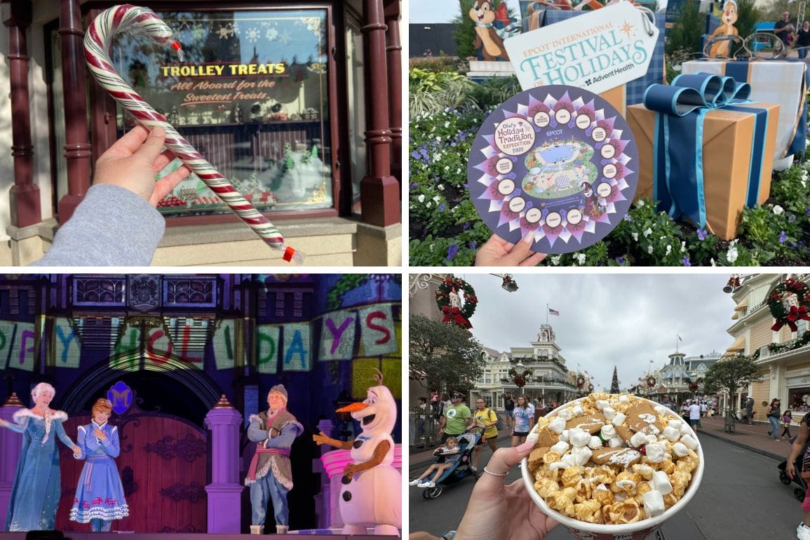 A whimsical collage features a candy cane, a festival map, and a holiday show bustling with cartoon characters on a festive street filled with popcorn. It's like a vibrant daily recap of holiday delights in one enchanting scene.