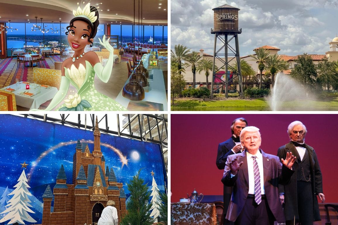 A collage for the daily recap showcases a cartoon princess dining in a restaurant, a water tower surrounded by palm trees, a festive holiday castle display, and animatronic figures of several U.S. presidents.