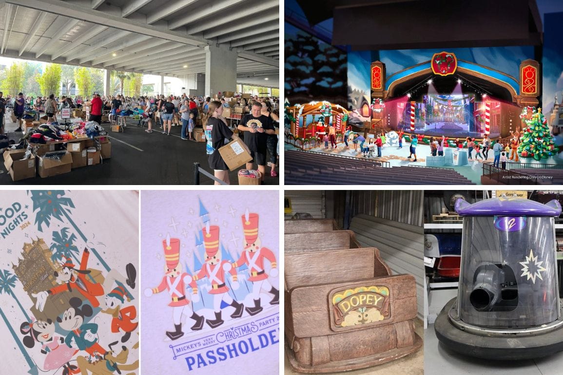 A collage for the daily recap features six images: a bustling market, a festive stage, holiday-themed merchandise, a vacuum cleaner, and a vintage amusement park ride seat marked with "Dopey.
