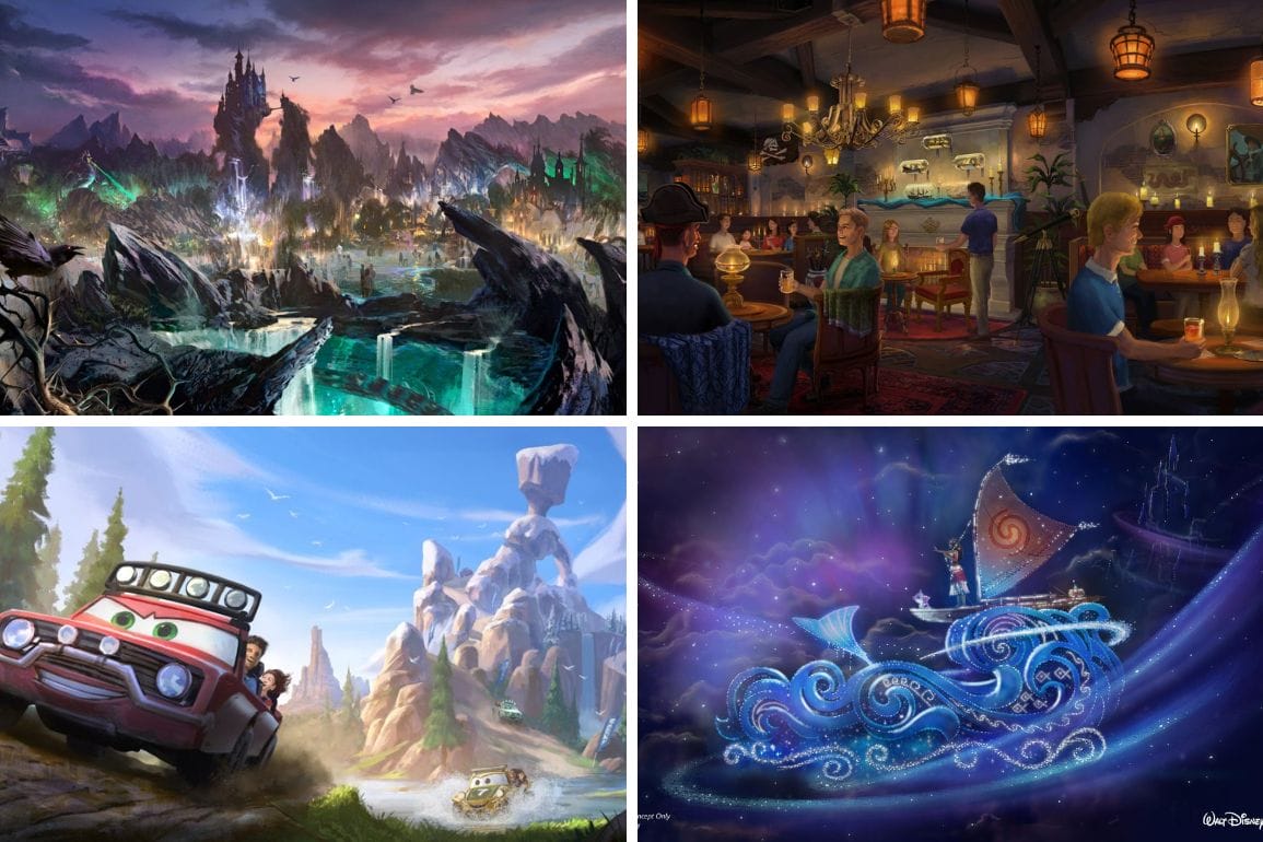 Four fantasy scenes: a mystical mountain landscape, a cozy tavern, a colorful road trip with a classic car, and a whimsical boat sailing through a starry night—it's like discovering new realms in your daily recap of dreams.