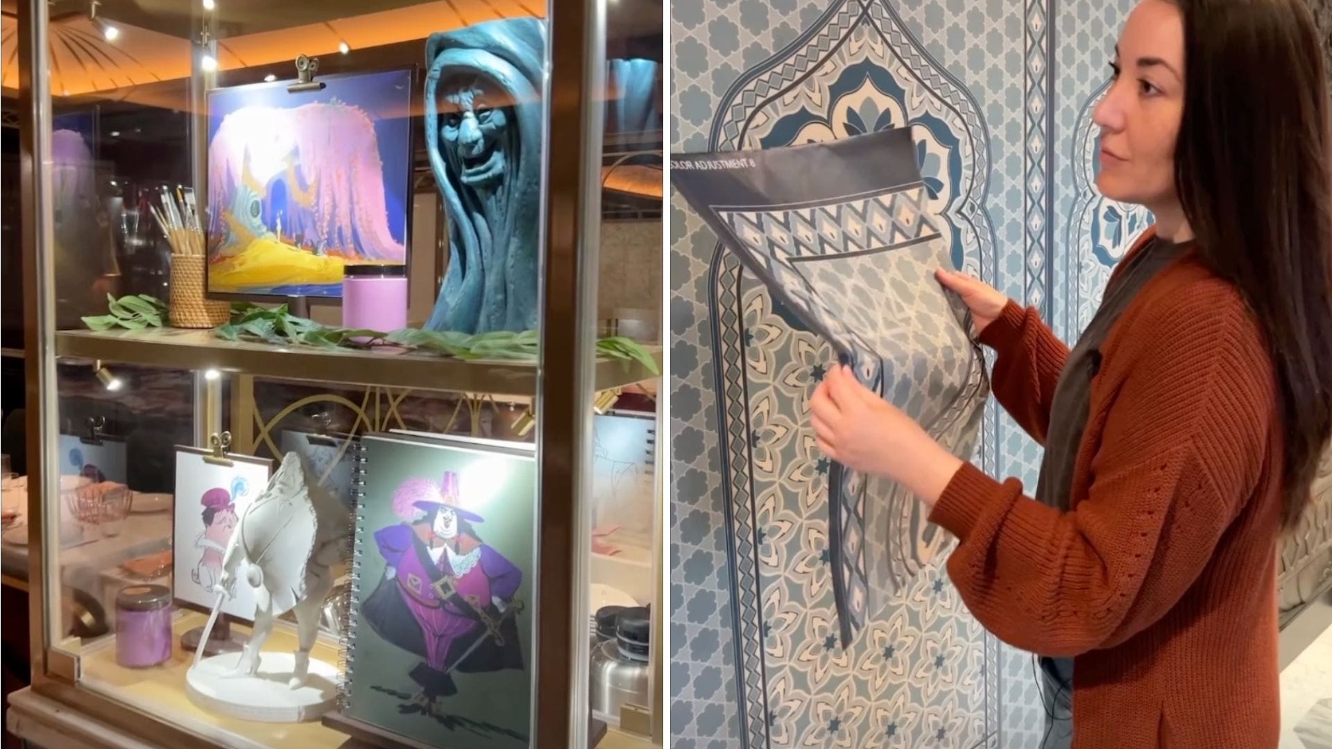 A person holds up wallpaper samples beside a display of artwork, a witch figure, and a painting of a purple-clad character reminiscent of a Disney treasure.