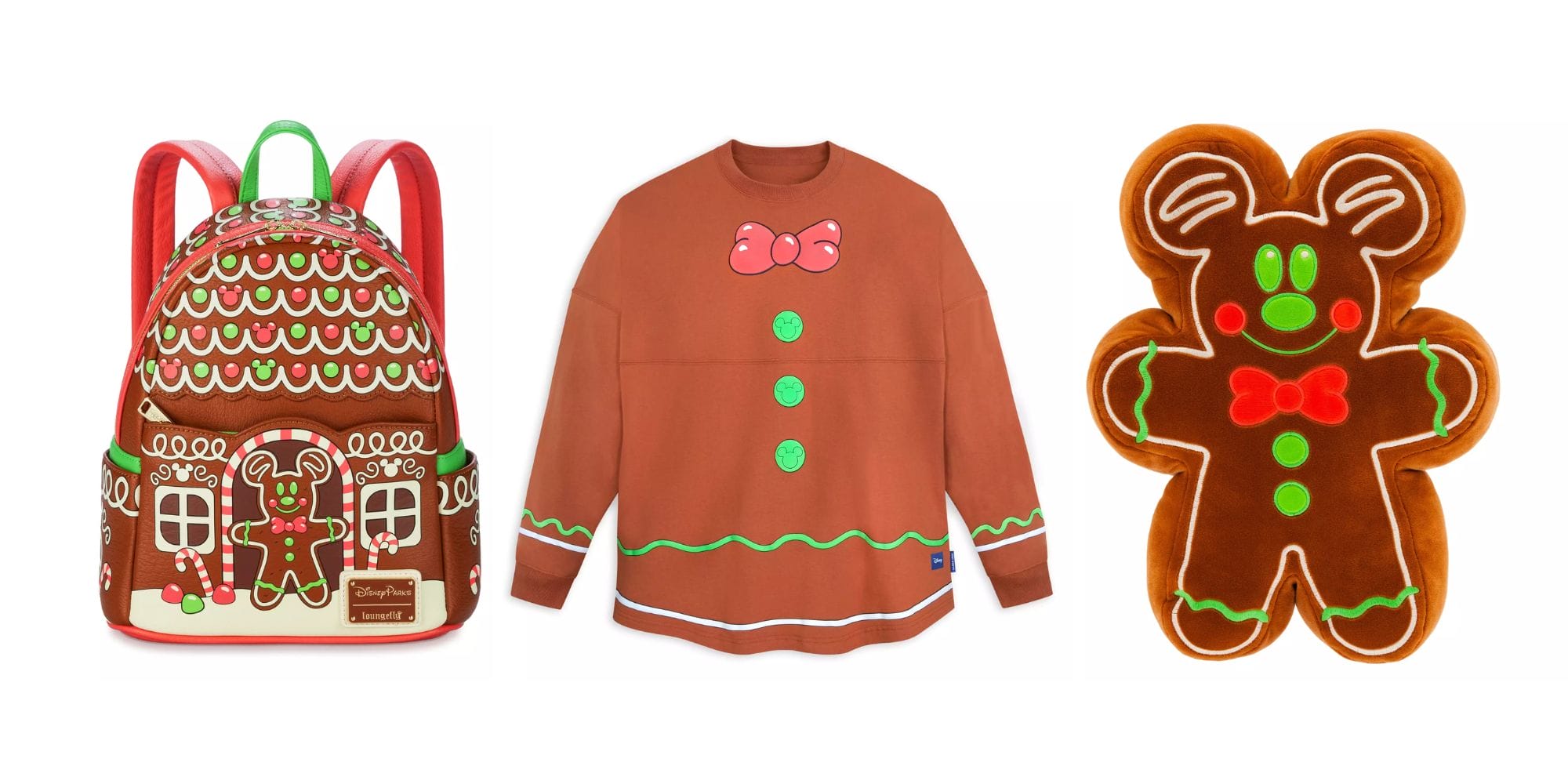 Gingerbread-themed merchandise including a backpack, sweater, and gingerbread man-shaped pillow with colorful icing designs and red, green, and pink accents.