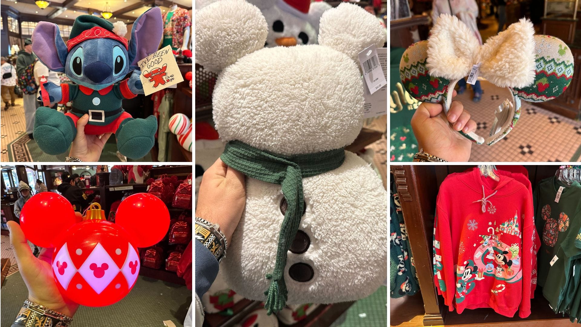 A collage of Disney-themed holiday merchandise from Disneyland Resort, featuring a Stitch plush, a snowman plush, Minnie Mouse ear headband, red Mickey-shaped light, and a festive sweater with Disney characters.