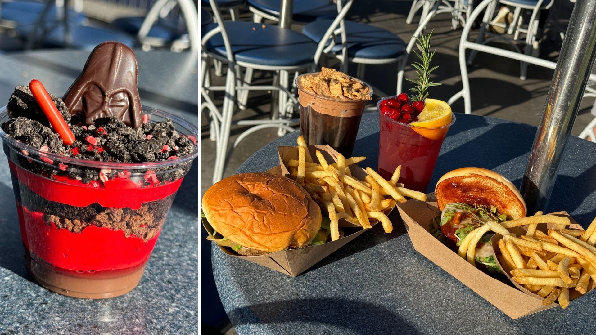 A dessert cup with chocolate and red layers sits next to a table featuring a burger, fries, a chocolate drink, and "Darth by Peppermint," an enticing red iced drink garnished with rosemary and fruit.
