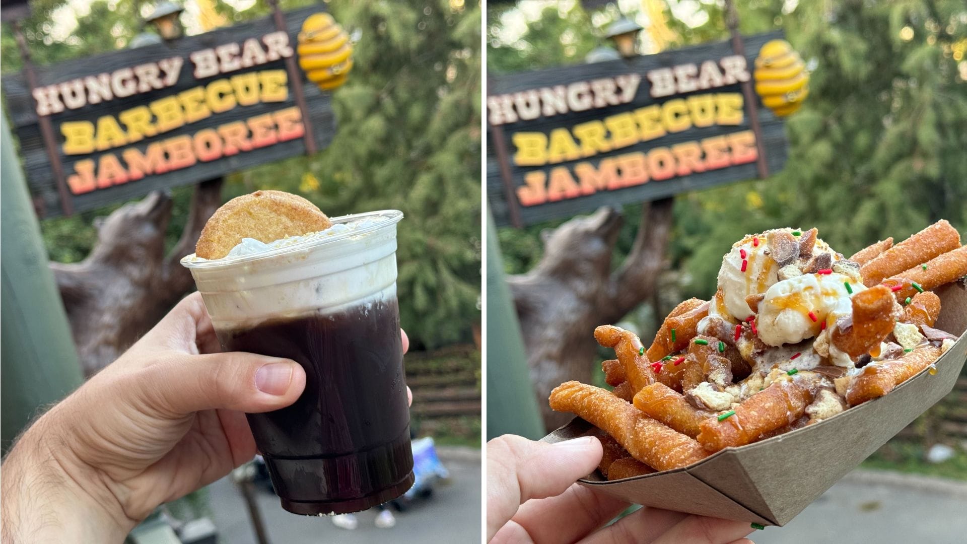 Two images show a hand holding a dark beverage with whipped cream and a cookie, and another hand holding sweet potato fries with toppings. A "Hungry Bear Barbecue Jamboree" sign is in the background.