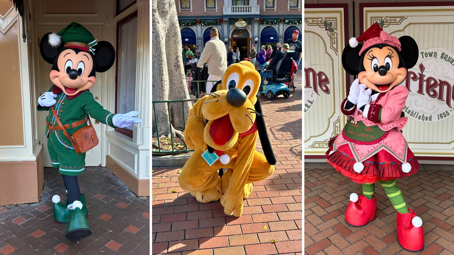 Three characters in festive costumes standing on a brick path. The left wears green, the middle is a playful dog, and the right wears pink and red attire.