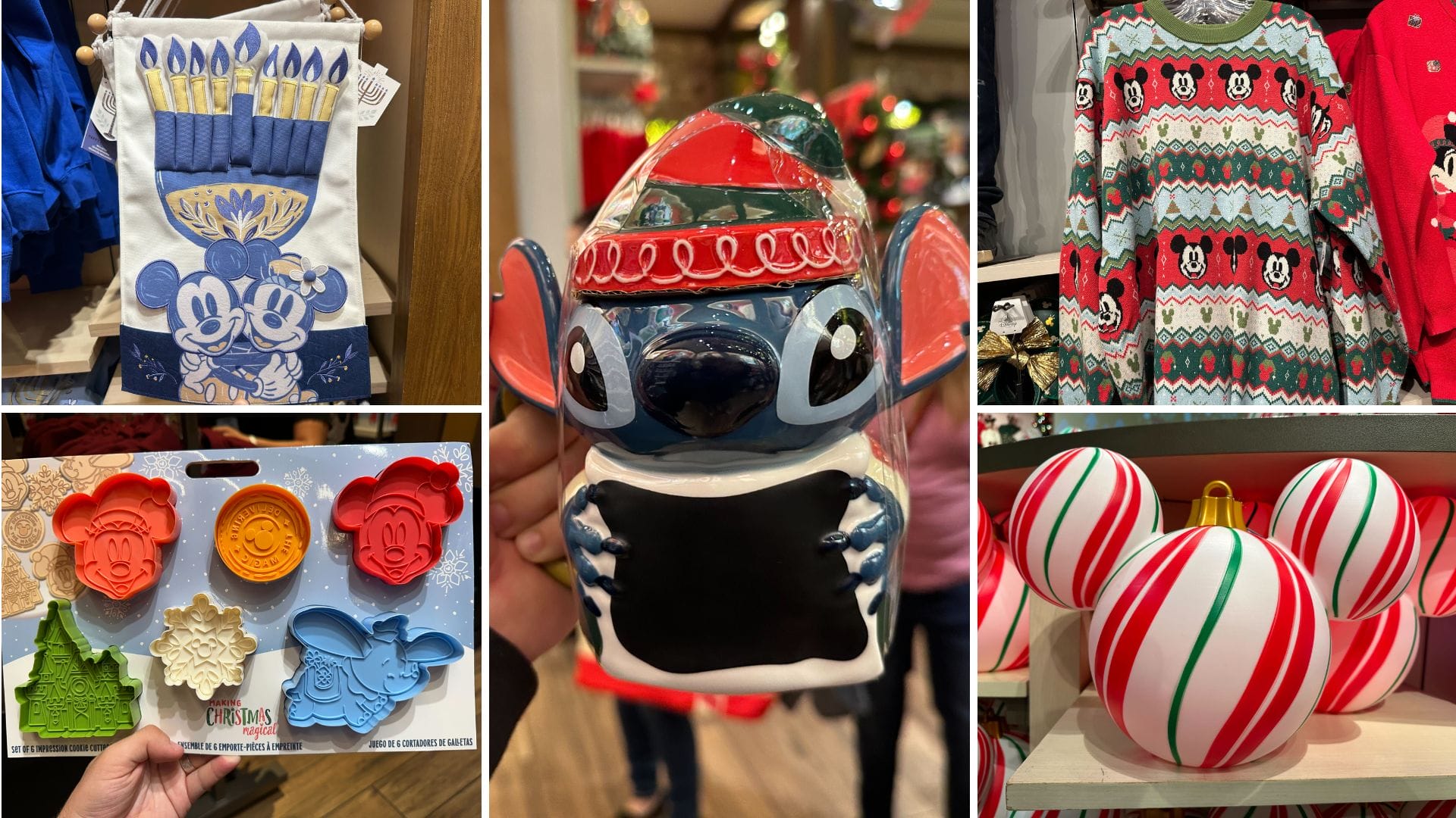 Collage of Disneyland holiday merchandise featuring kitchen towels, a character mug, cookie cutters, a cozy sweater, and themed ornaments.