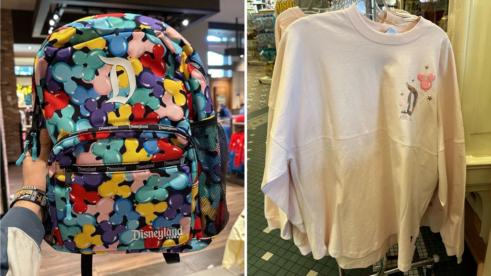 Colorful backpack with Disney print on the left; light pink spirit jersey with Mickey balloon design on the right. Both items are displayed in a retail setting.