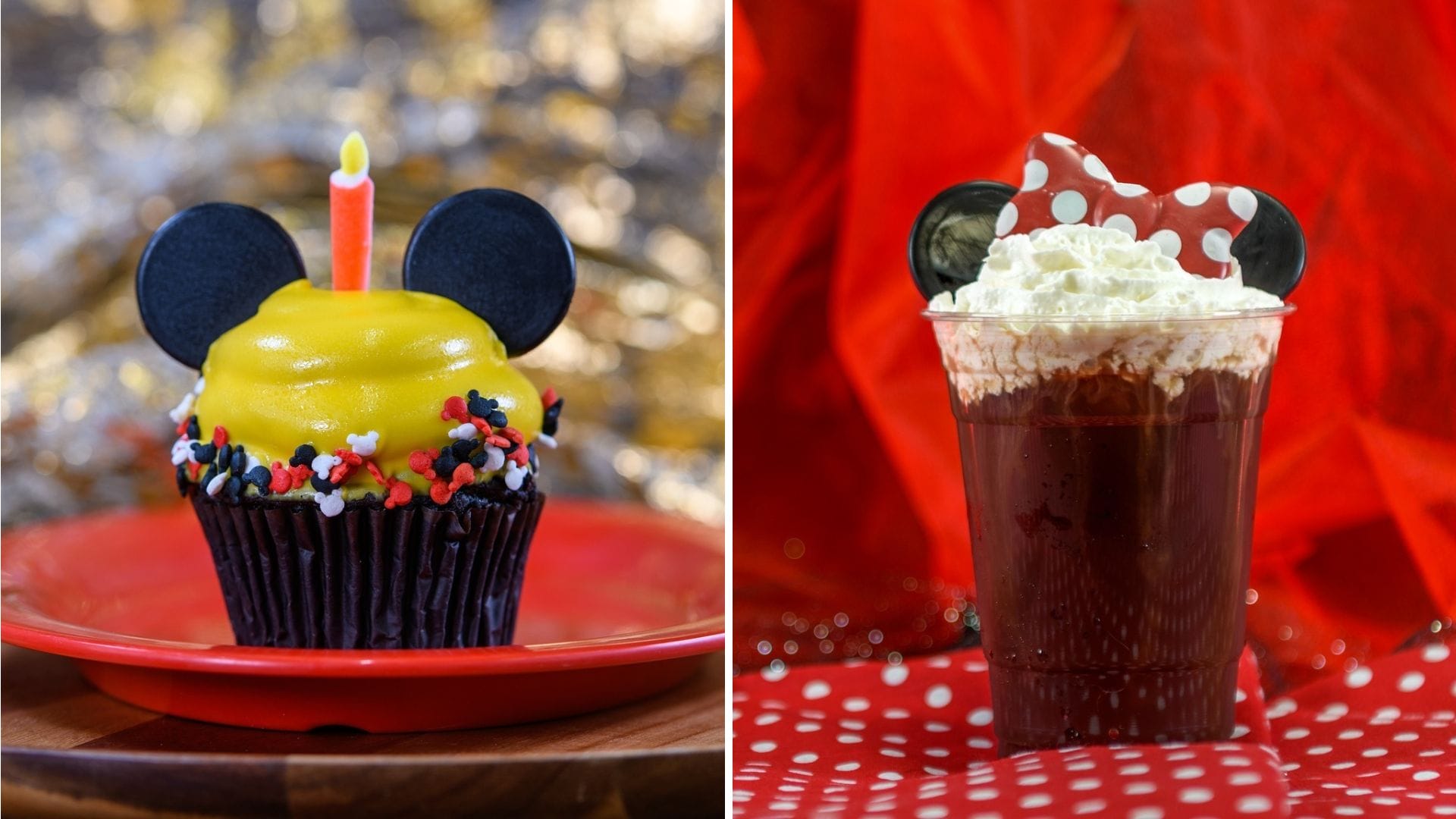 A cupcake with mouse ears and a lit candle sits next to a chocolate drink with whipped cream and polka-dotted decor, both on a festive background.