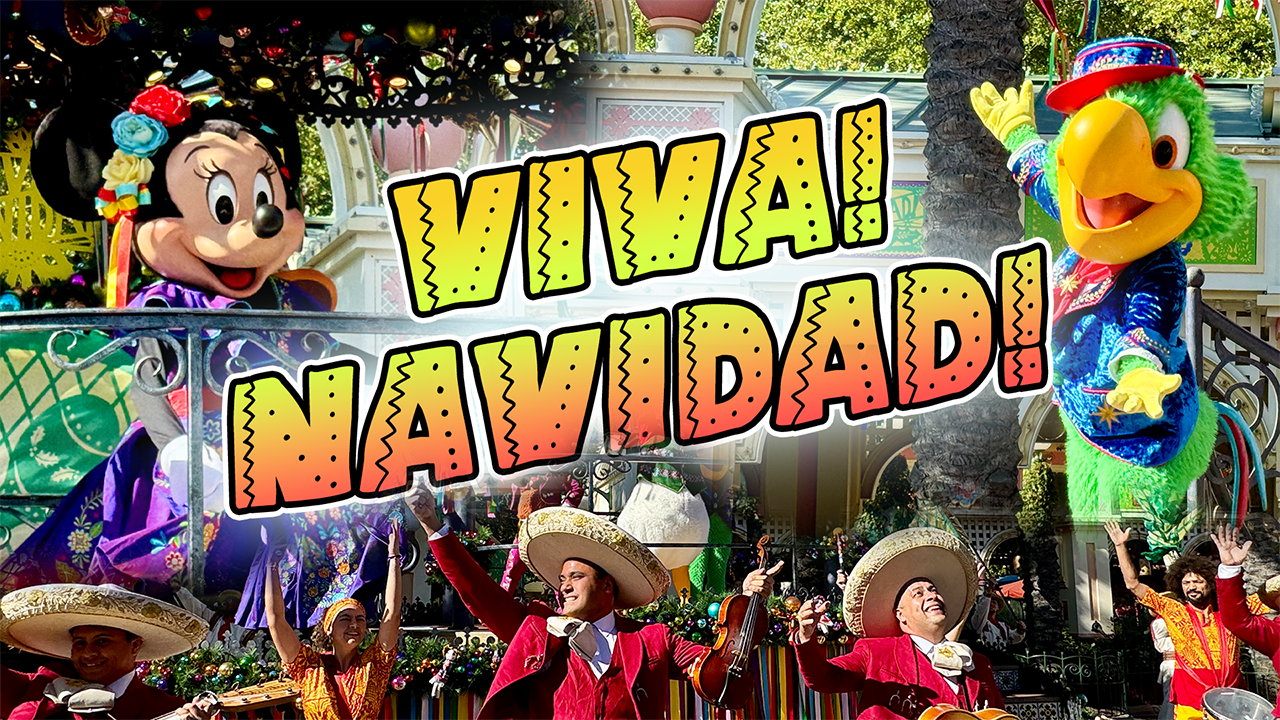 Experience Disney magic at the colorful "Viva Navidad" celebration with Minnie Mouse, a vibrant parrot, and musicians in festive attire on a beautifully decorated float.