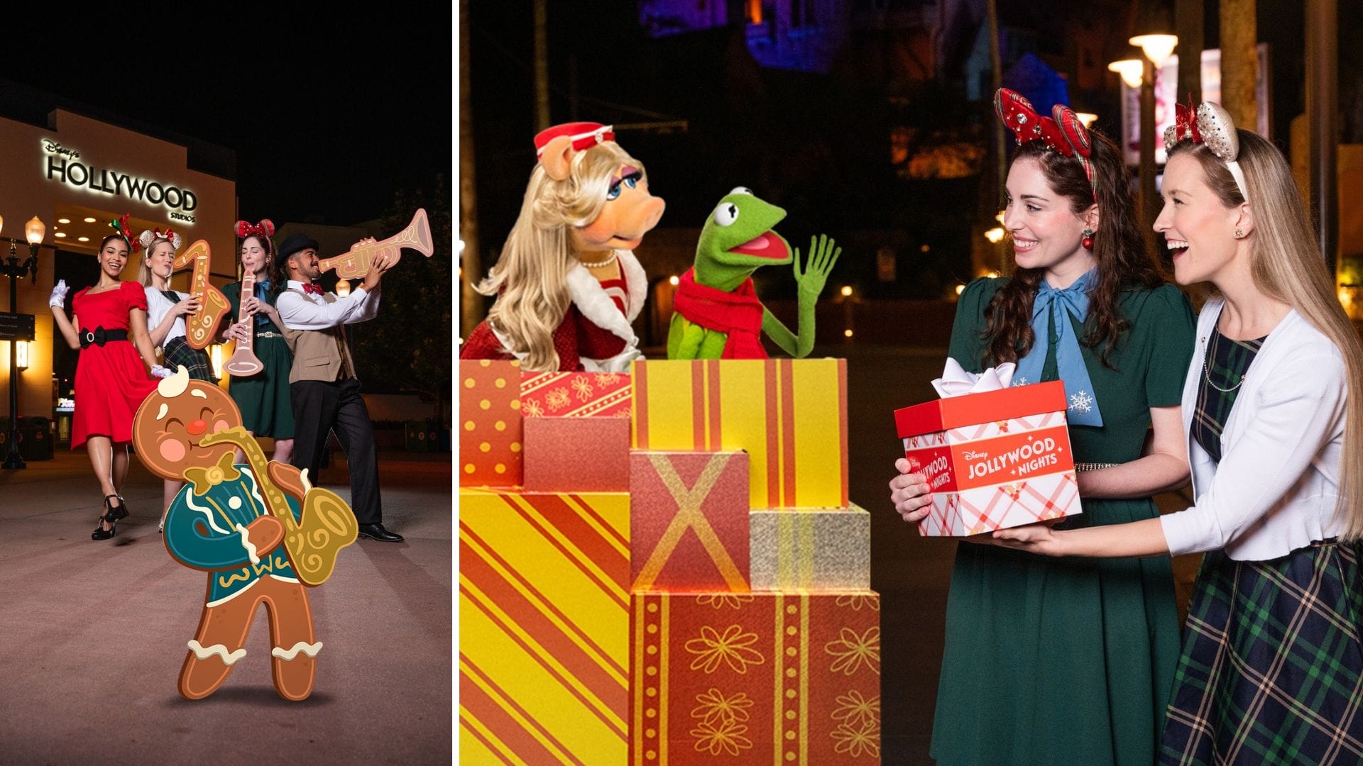 In the heart of Jollywood, a group of people in festive attire gathers with a cartoon gingerbread playing saxophone. Two women exchange gifts near Muppet characters, creating perfect photo ops for capturing holiday joy.