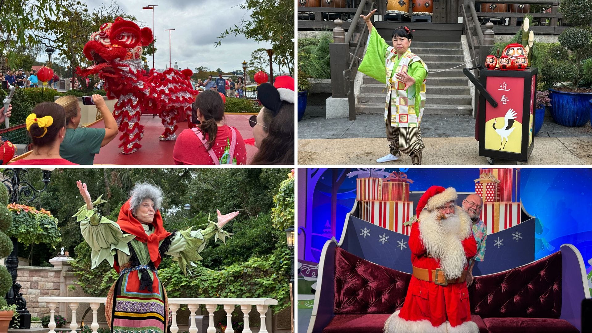 Collage of four festive scenes: a Chinese lion dance, a Japanese storyteller with Daruma dolls, an elderly performer in colorful attire, and Santa Claus posing in front of gift boxes.