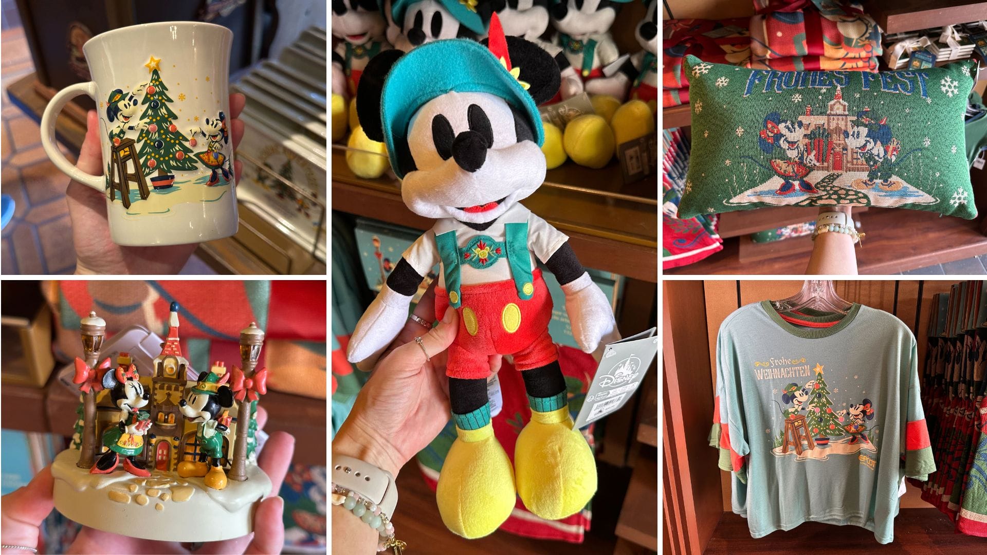 Collage of Disney-themed holiday merchandise, including a mug, plush toy, decorative figure, pillow, and sweatshirt. Each features festive designs and iconic characters.