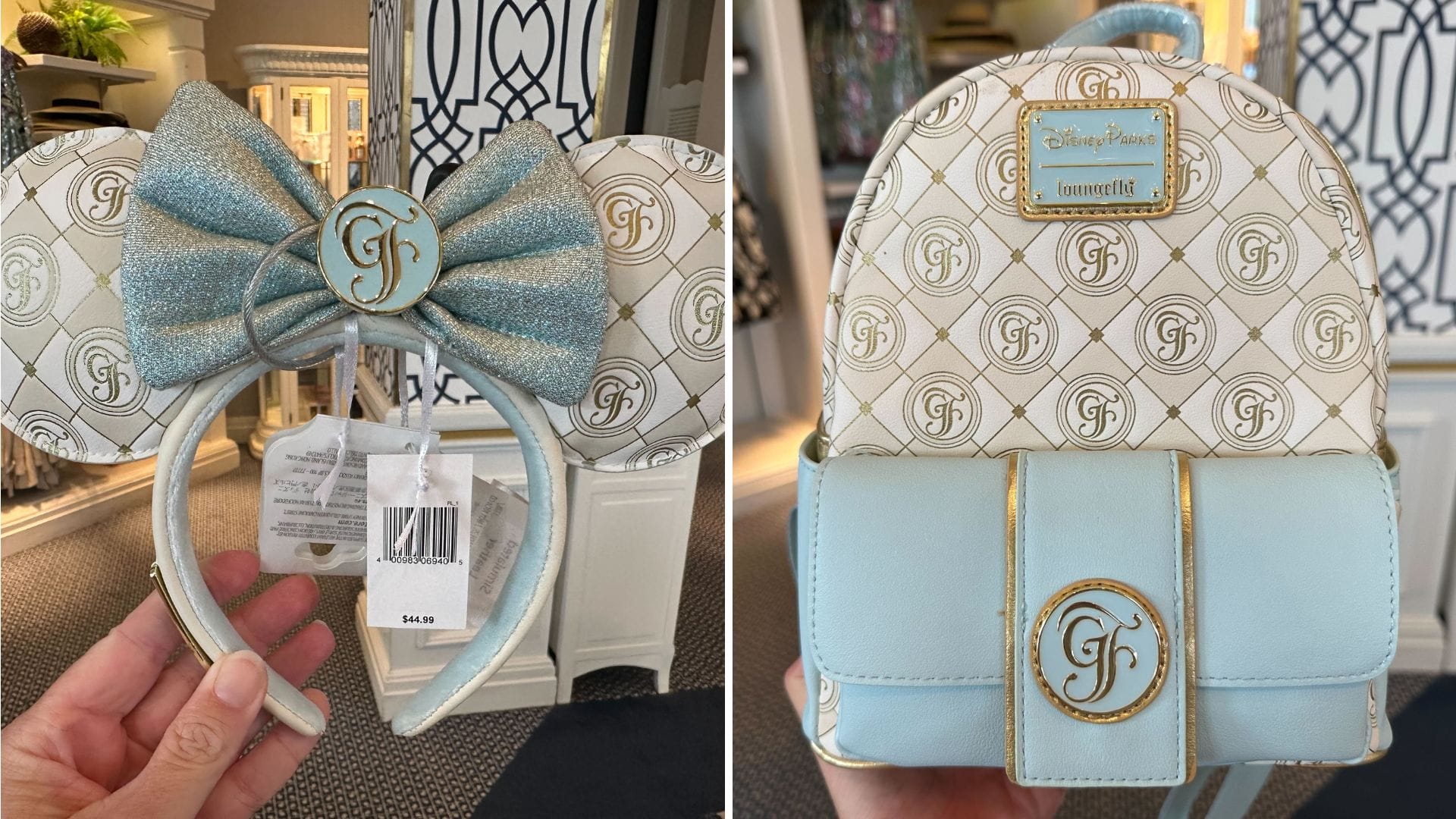 Glittery ears headband and mini backpack in white and light blue with gold monogram design displayed in a store. Price tag visible on the headband.