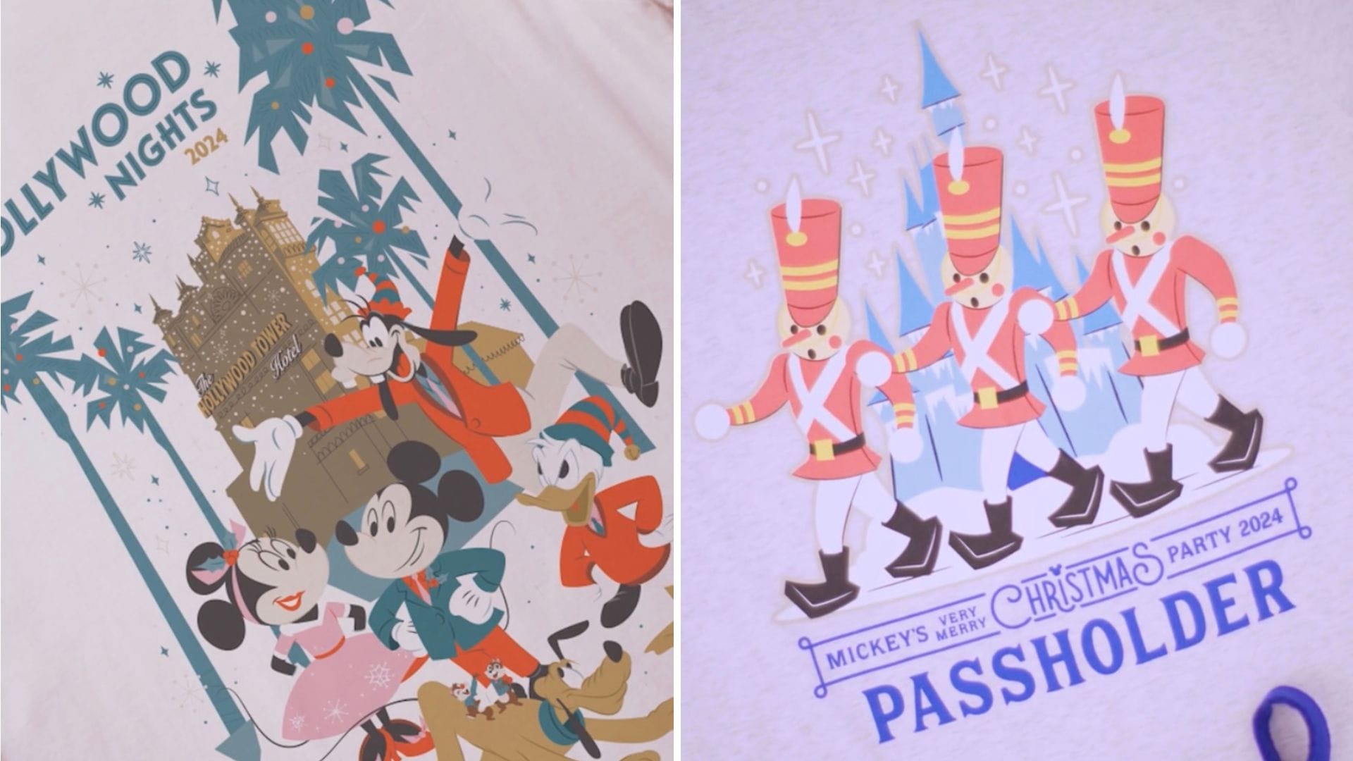 Two graphic T-shirts featuring Disney characters. Left: "Hollywood Nights 2024" with characters in Hollywood-themed attire. Right: "Mickey's Very Merry Christmas Party 2024 Passholder" with toy soldiers.