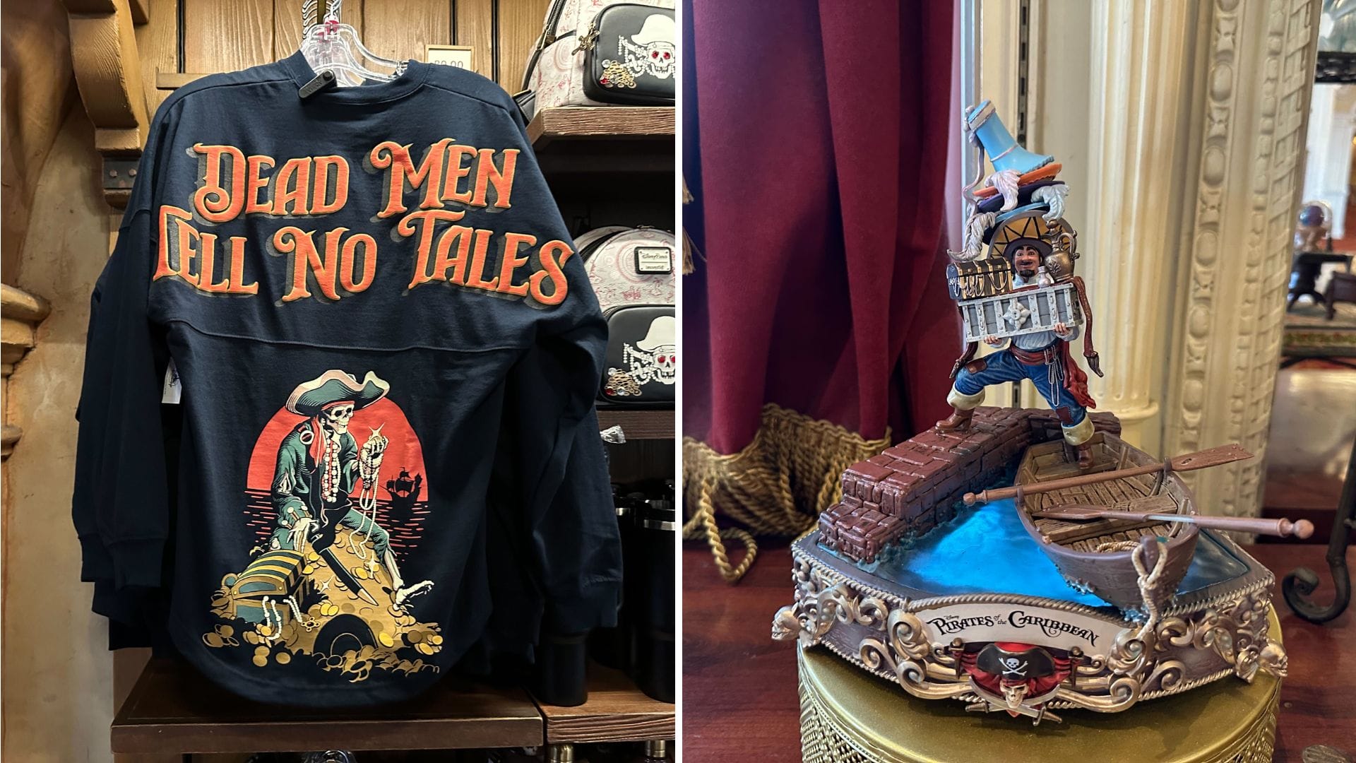 A black long-sleeve shirt featuring "Dead Men Tell No Tales" in bold orange text, reminiscent of *Pirates of the Caribbean*, with a pirate-themed diorama depicting a pirate on a plank above treacherous waters.