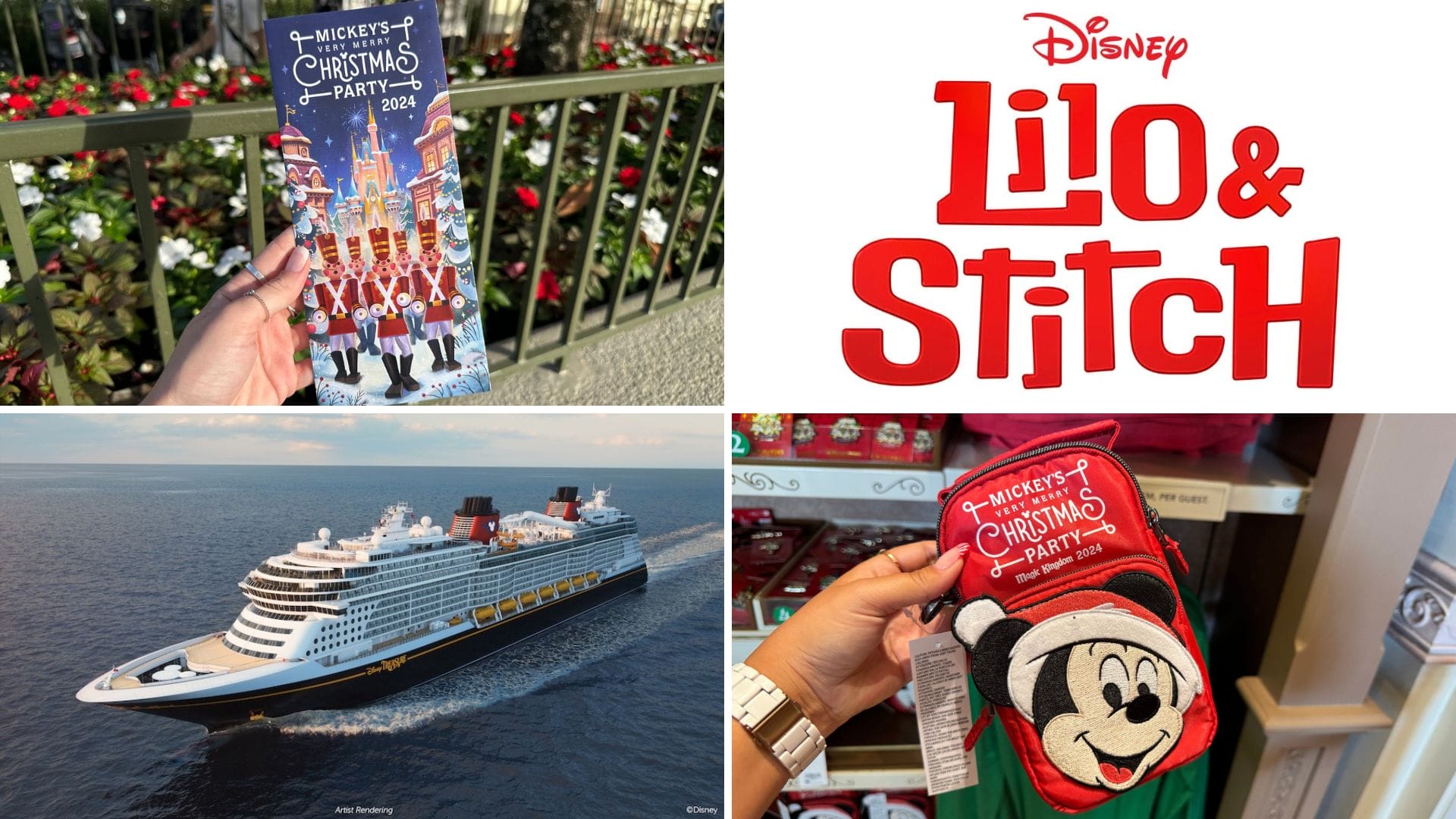 Collage of four images: a festive Christmas party ticket, the lively "Disney Lilo & Stitch" logo, a majestic cruise ship at sea, and a Mickey-themed Christmas stocking capturing the magic in this daily recap.