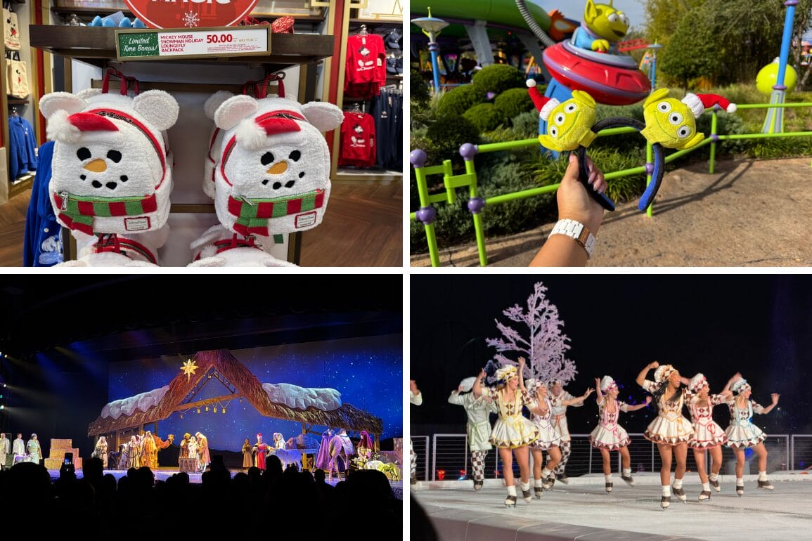 A collage of four images: plush character bags, a person holding a toy spaceship with aliens, a theatrical stage performance, and dancers in costumes performing outdoors.