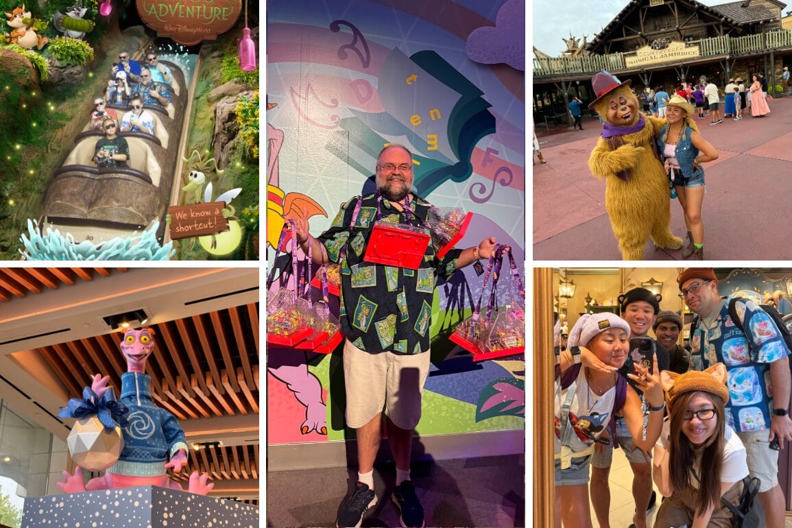 A collage of theme park images: a log ride, person with gift bags, character meet and greet, a dragon statue, and a group enjoying New Treats Reviews while wearing themed clothing at Magic Kingdom.